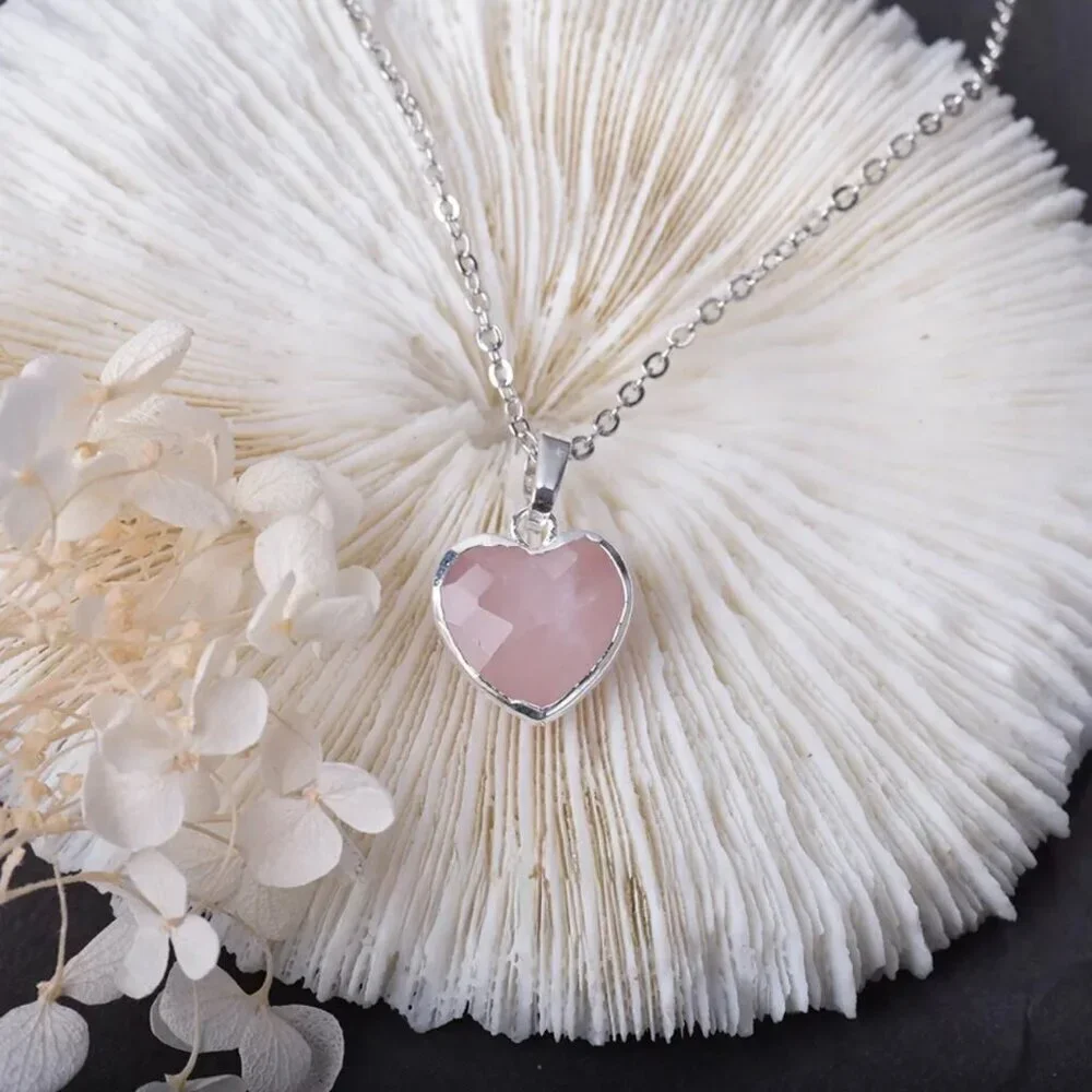 New Rose Quartz Heart Pendant Necklace 925 Silver Gemstone Dainty Romantic